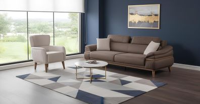 Elegantes Sofa und Sessel Set für Wohnzimmer in Beige und Braun