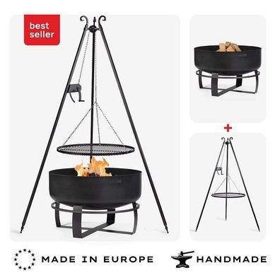SET: Feuerschale XXL VIKING 80 cm mit Schwenkgrill Dreibein 180 cm mit Kurbel und