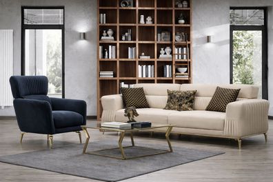 Blau-Beiges Sofa-Set Designer 3-Sitzer Exklusiver Polstersessel 2tlg