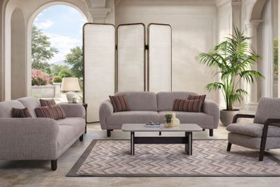 Edle Graue Wohnzimmer Sitzgarnitur 3-Sitzer Polstersessel Couchtisch