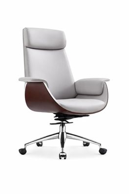 Eleganter Chefsessel mit hellgrauem Kunstleder und Walnuss-Schale