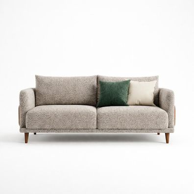 Elegantes beiges Designer Sofa mit Strukturstoff und Holzfüßen