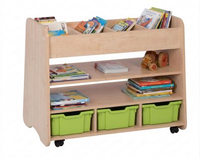Bücherregal mit praktischen Aufbewahrungskisten und Rollen für Kinder