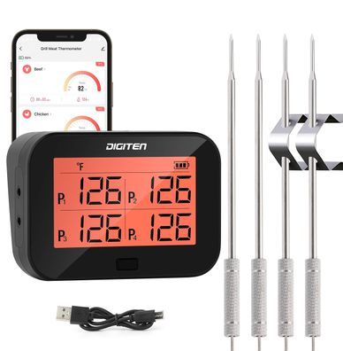 Digiten Bluetooth Grillthermometer kabellos mit 4 Sonden wiederaufladbar