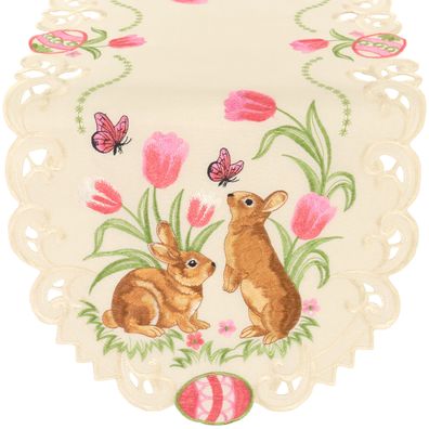Tischläufer Ostern Tischdecke Oval 40x85 Ostertischdecke Osterhase Rosa Bestickt