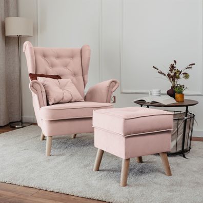 Sessel Ohrensessel ALISON inkl. Hocker in Stoff Trinity Puderrosa
