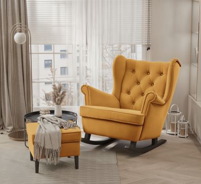 Schaukelsessel Ohrensessel Sessel NINON inkl. Hocker in Stoff Trinity Honiggelb