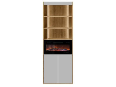 Regal mit Türen FIORE Regalschrank 3 Türen mit Elektrokamin - Taiga-Eiche / Grau
