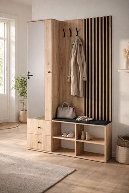 Moderne Garderobe SANTI mit Sitzbank und Spiegel - Flurmöbel Artisan mit Lamellen