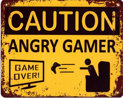 Moritz Blechschild Caution Angry Gamer Deko Schild Aufschrift Dekoration Druck 20 x 2