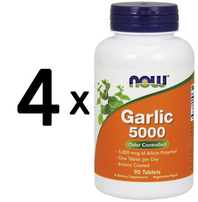 4 x NOW Foods Garlic 5000, Odor Controlled - 90 tablets