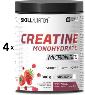 4 x Skill Nutrition Micronised Creatine Monohydrate Flavoured, Berry Blast - 300g