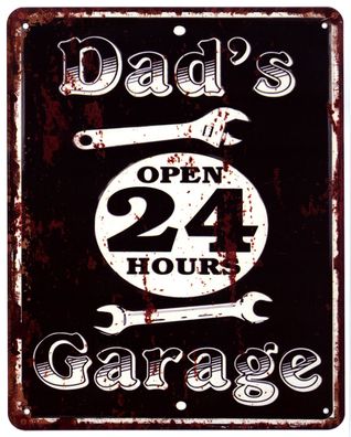 Moritz Blechschild Dad's Garage 24 Hours Open Deko Schild mit Aufschrift 20 x 25