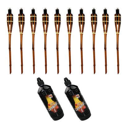 10x Bambusfackel 90cm braun + 2x 1000ml Lampenöl Gartenfackel Ölfackel Bambus