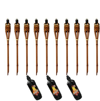 10x Bambusfackel Deluxe 90cm braun + 3x 1000ml Lampenöl Gartenfackel Ölfackel