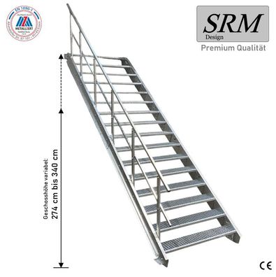 16 Stufen Stahltreppe Breite 60 - 160cm Geschosshöhe 274 - 340cm Geländer einseitig
