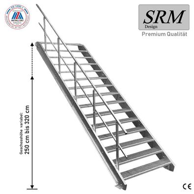 15 Stufen Stahltreppe Breite 60 - 160cm Geschosshöhe 250 - 320cm Geländer einseitig