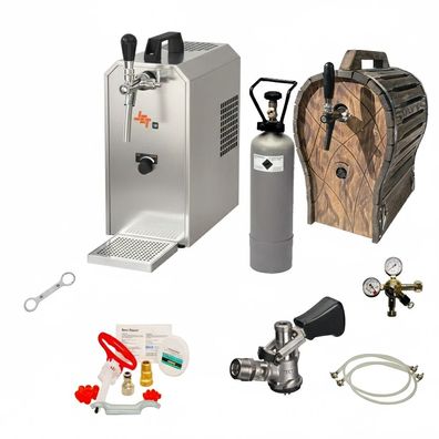 Komplett-Set Zapfanlage JET 30 Bierkoffer mit Holzfass und Reinigungsset, Zapfkopf