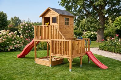 Holzgartenhaus 2 Rutschen Kinderspielhaus Spielhütte #4447