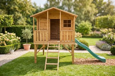 Kinderspielhaus 235x190x283 Spielhaus Holz-Gartenhaus Rutsche #3997