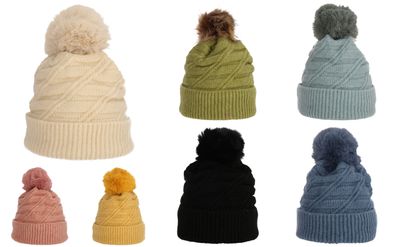 Wintermütze warm gefüttert mit Kunstfell Bommel-Mütze Fleece-Futter Winter Strick