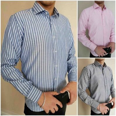 Megaman Langarmhemd Herren gestreift designer Premium Hemd Slim-Fit