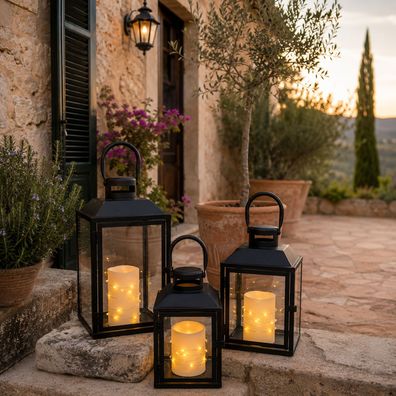 3er Deko Laternen Set Schwarz Gartenlaterne Windlicht Metall Außen H24/33/41cm
