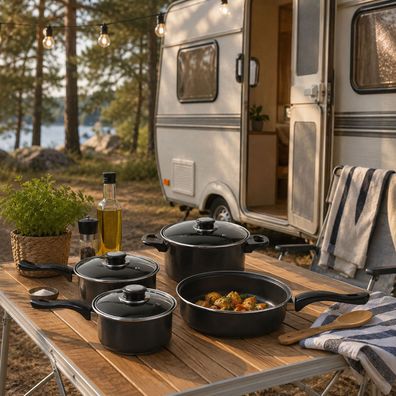 Camping Kochtopf Kochtopfset 7-teilig Leichtes Aluminium Topfset für Gasherde