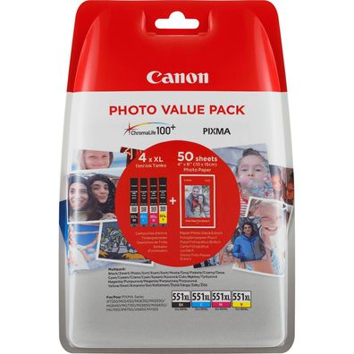 Canon CLI-551XL Photo Value Pack C/M/Y/BK PP-201 10x15 cm 50 Blatt (6443B006)