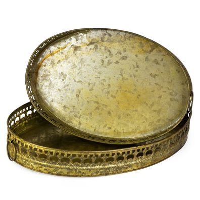 2er Set Deko Tabletts oval Antik-Gold aus Metall Ø 35/32 cm Vintage Look Dekotablett