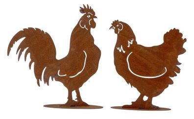 2er Set Hahn und Henne Rostfiguren 25/29cm stehend Dekoration Deko Haus Garten