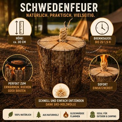 QLS Schwedenfeuer 30 cm mit Eko Feueranzünder Baumfackel für Outdoor & Camping 11485