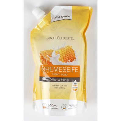 12x 500ml Soft&Gentle Cremeseife Nachfüllbeutel Milch & Honig Hände waschen