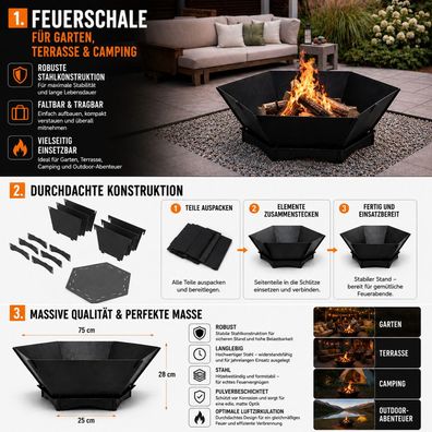 QLS Feuerschale 75x75 cm XXL - Feuerstelle Stahl faltbar Outdoor Garten schwarz 11486