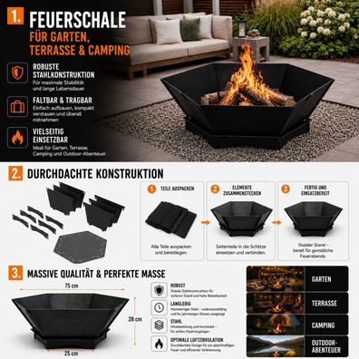 QLS Feuerschale 75x75 cm XXL - Feuerstelle Stahl faltbar Outdoor Garten 11487
