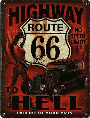Moritz Retro Deko Blechschild Route 66 to Hell Vintage-Design Metall Schild Geschenk