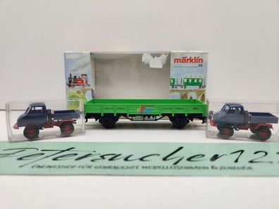 Märklin H0 AC 94110 Niederbordwagen "1. FC Märklin'01" & 2 Unimog / OVP bunt