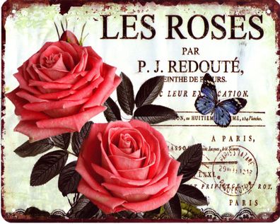 Moritz Blechschild Les Roses Rosen Schmetterling Deko Schild Aufschrift Druck 20 x 25
