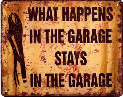 Moritz Blechschild What happens Garage Deko Schild Aufschrift Dekoration Druck 20 x 2