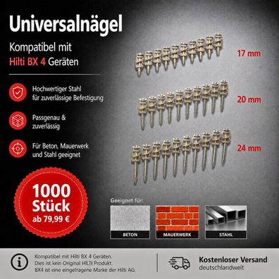 1000 Stück Hochleistungsnagel für BX 4 Stahl + Beton wie Hilti X-P 17, 20, 24
