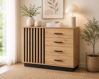 Kommode LAMERO LA5 - Sideboard, Mehrzweckschrank in Eiche Wotan + Schwarz