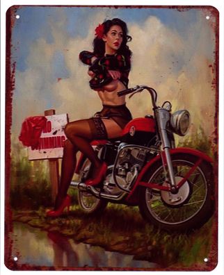 Moritz Blechschild Frau auf am Motorrad No Swimming Deko Schild mit Aufschrift 20 x 2