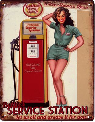 Moritz Blechschild Betti`s Service Station Gasoline Oil Deko Schild Aufschrift 20 x 2