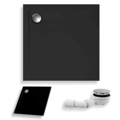 Duschwanne Quadratisch Acryl GEOS 100x100x4,5 Schwarz Steinoptik | Ablauf im SET !