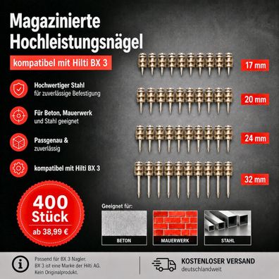 400x Hochleistungsnägel Beton & Stahl 17-32mm für Akku-Bolzensetzgerät