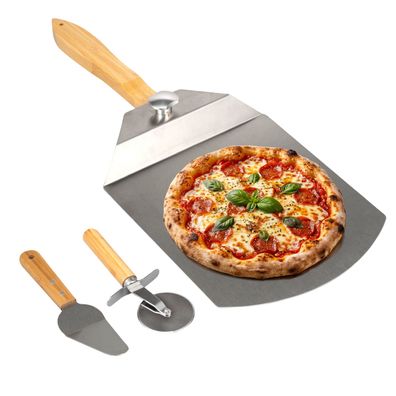 eluno Pizzaschieber 3er-Set, Pizzazubehör aus Edelstahl und Bambus