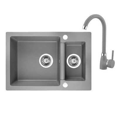 SET Küchenarmatur & Granitspüle 1,5-Becken CELIA Grau 44x65 | Siphon im SET!