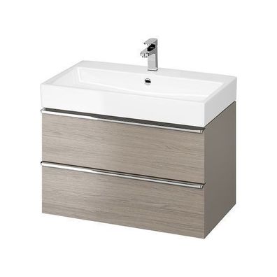 Badmöbel Set Badezimmerschrank mit Keramikwaschbecken VIRGO 80 Eiche, Silber Griffe