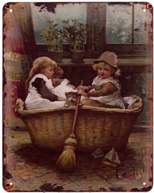 Moritz Blechschild Kinder und Katze im Korb mit Besen Deko Schild Aufschrift 20 x 25
