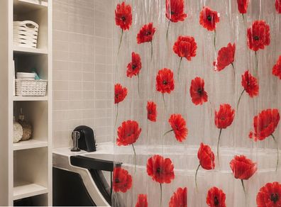 Spirella POPPY Cinnabar Rot Duschvorhang 180x200 Transparent Vinyl Mohnblumen